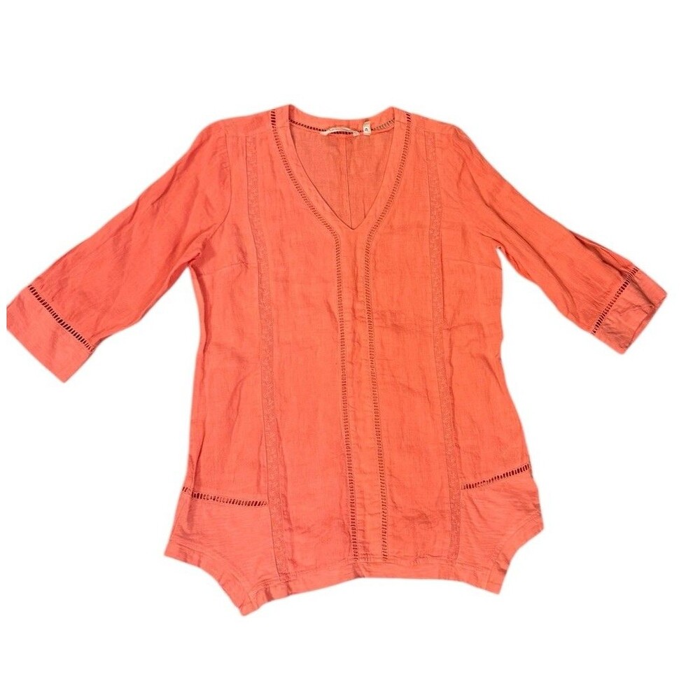 Soft Surroundings Shirts Womens M Leonie Coral 100% Linen 3/4 Tunic V Neck Comfy